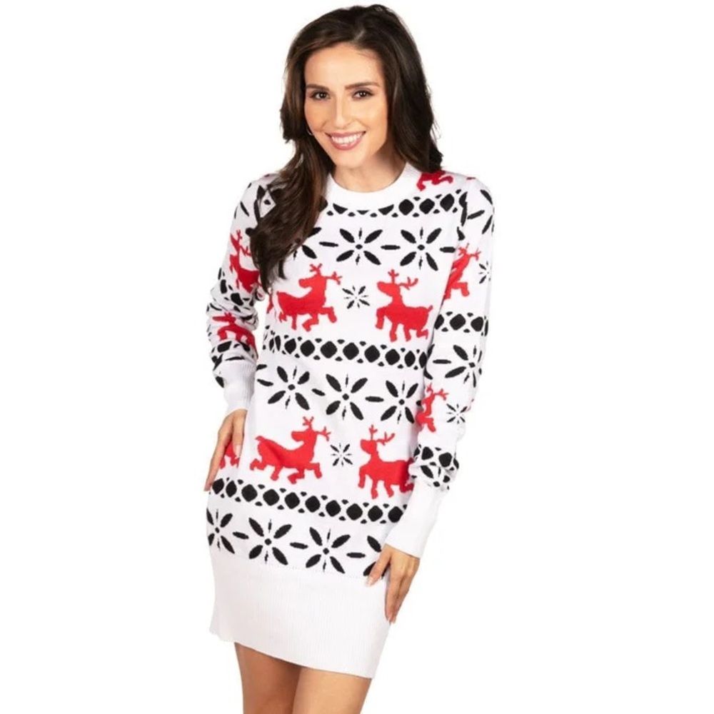 Tipsy Elves Red and White Reindeer Sweater dress